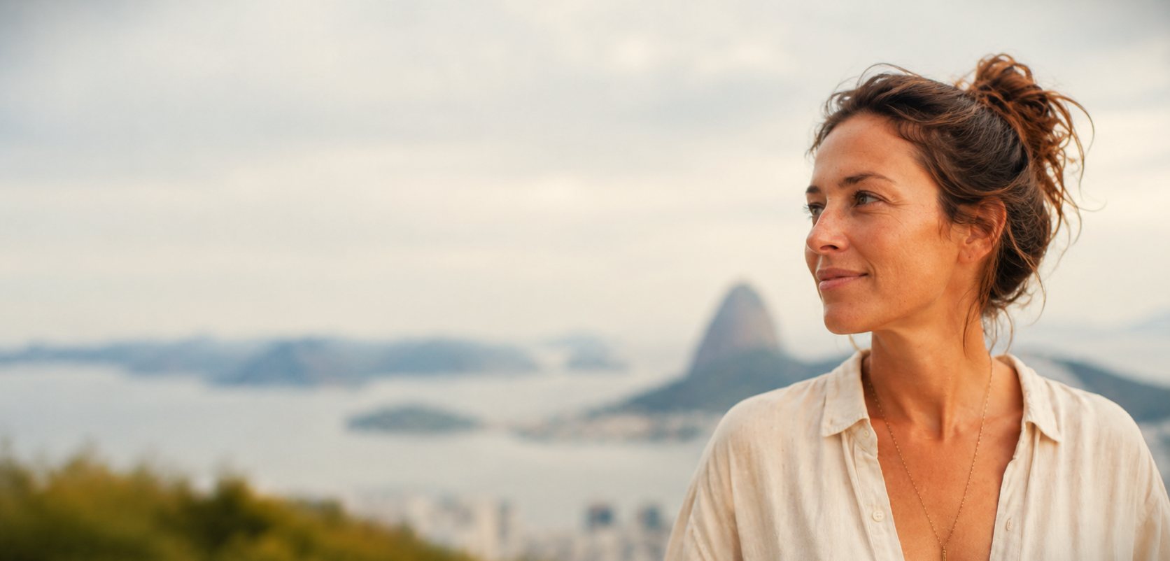 A woman overlooking Guanabara Bay from the hills of Rio de Janeiro
